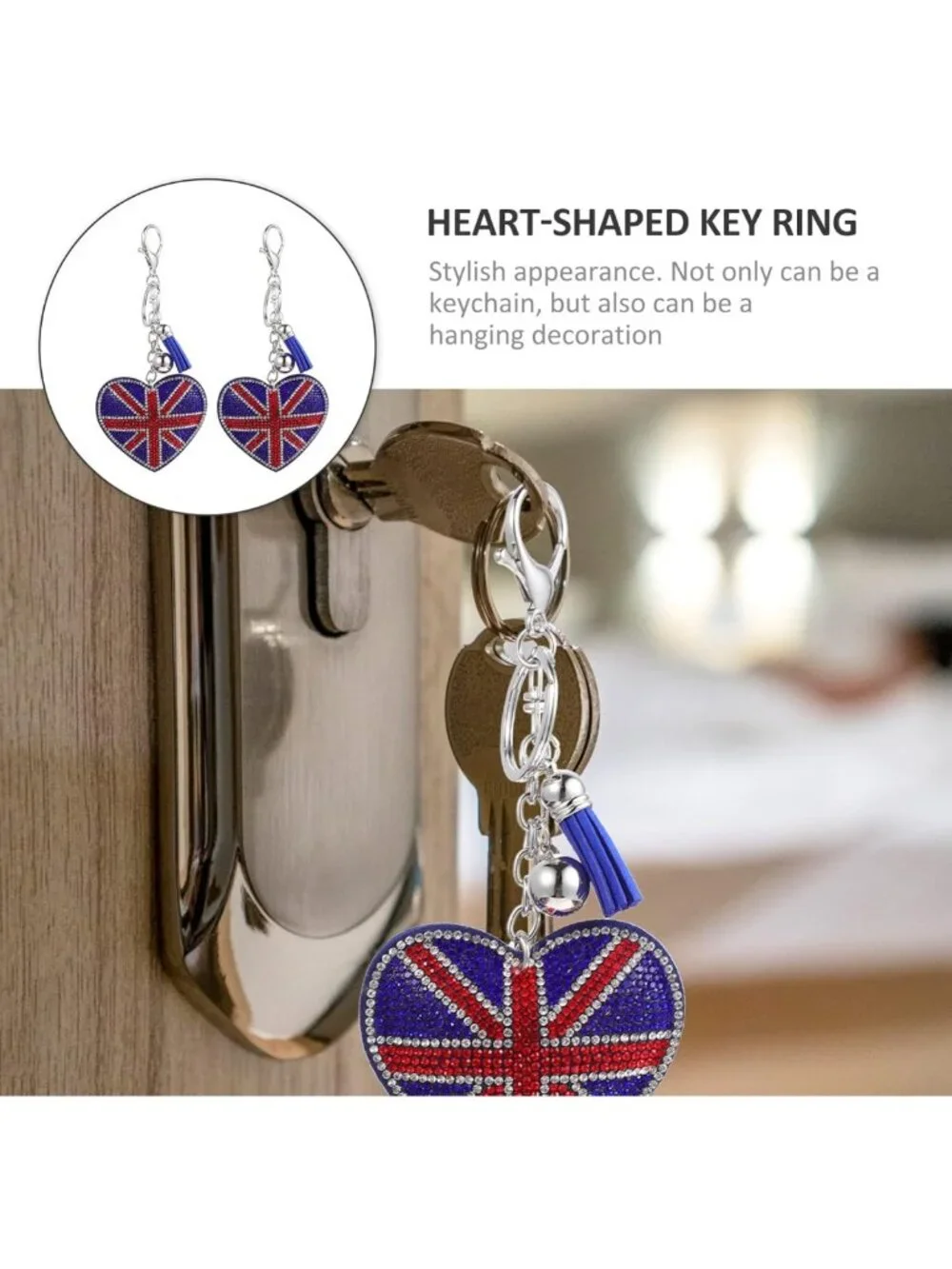 Heart-Shaped Union Jack Rhinestone Keychain Set of 2 | British Flag Bag Charm